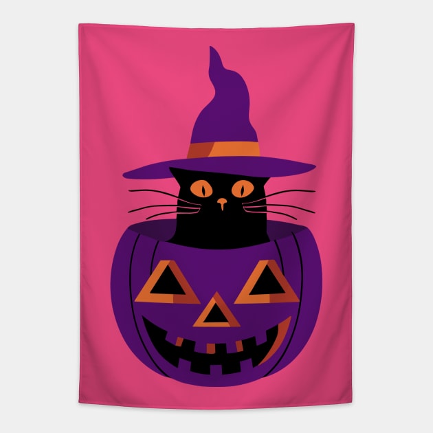 Witchy cat and pumpkin- purple Tapestry by PrintSoulDesigns