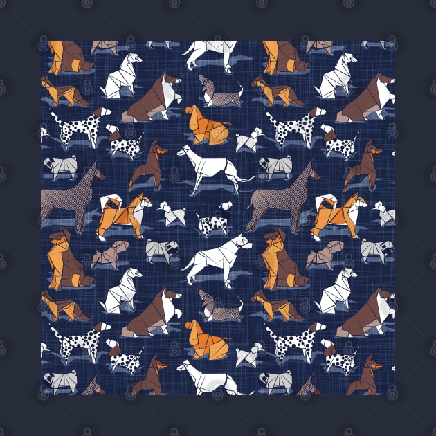 Origami doggie friends II // pattern // navy blue linen texture background paper dogs by SelmaCardoso