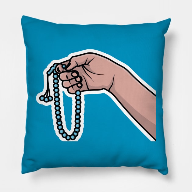 Hand Holding Chaplet of Beads Sticker vector illustration. Islamic holiday icon concept. Human hand of young man holding chaplet sticker vector design. Pillow by AlviStudio