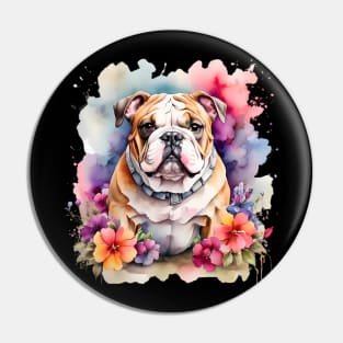 An english bulldog decorated with beautiful watercolor flowers Pin