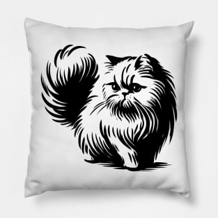 Stick figure of Persian cat in black ink Pillow