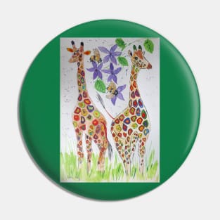 Colourful Giraffes among purple flowers and bumble bees Pin