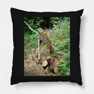 Old Wooden Sawhorse in Forest Pillow