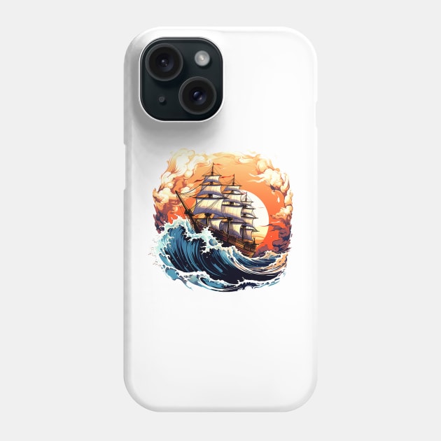 A vintage looking ship sails across the giant waves in a sunset enviornment 3 Phone Case by ramith-concept