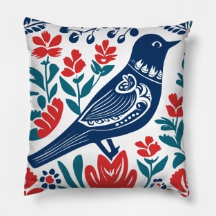 Norwegian Folk Art Pattern with Flowers and Bird Pillow