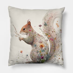 Watercolor Squirrel in Nature, Floral Design Pillow