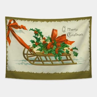 A Merry Christmas. (Sled with holly) by Ellen Clapsaddle Tapestry