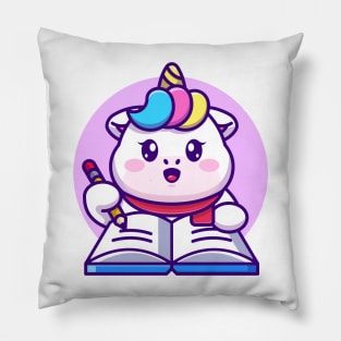 Cute unicorn writing on book with pencil cartoon Pillow