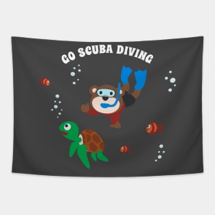 Diving with funny bear and turtle with cartoon style Tapestry