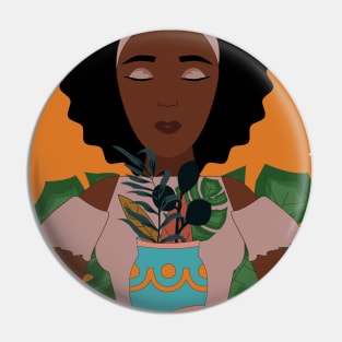 Cute African girl loves the nature and plants holding a vase of different leaves Pin