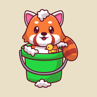 Cute Red Panda Bathing In Bucket Cartoon T-Shirt