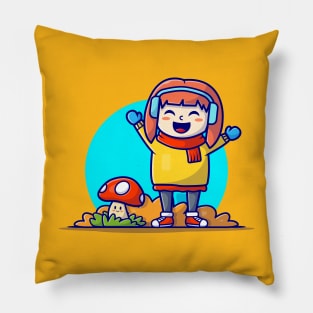 Happy Cute Girl with Cute Mushroom Autumn Cartoon Vector Icon Illustration Pillow