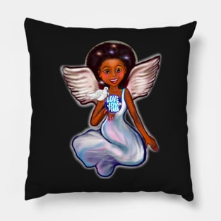 Angel with dove love joy and peace - Black angel of peace ! With glow, Afro hair, green eyes, Cherry pink lips and dark brown skin. Hair love ! Pillow