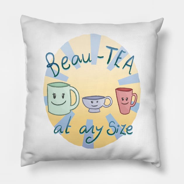 Beau-TEA At Any Size (Yellow And Blue Background) Pillow by Quirkball