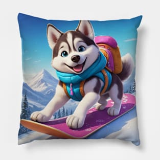 Snowboarding Husky Dog Pillow