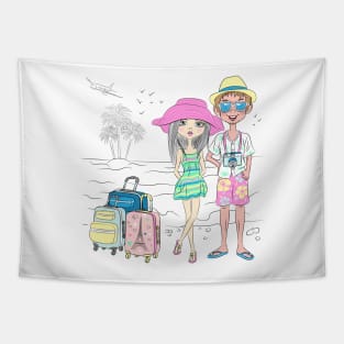 Hipster traveler guy and girl Tapestry