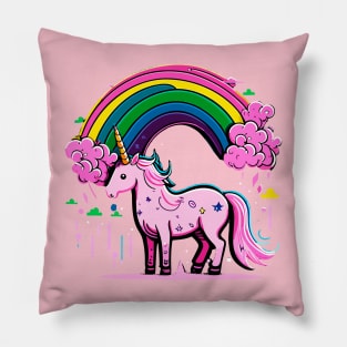 Pink cute unicorn in rainbow Pillow