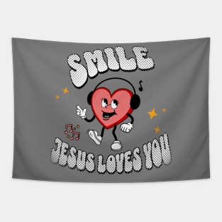 Smile Jesus Loves You - Groovy Heart design: White text color with a cheerful heart smiley face Tapestry