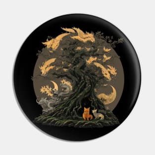 Japanese Kitsune Tree of Half-Moons and Foxes Pin