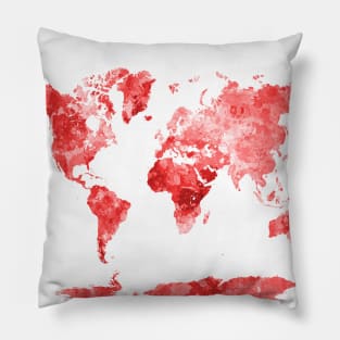 World Map in Watercolor Red Pillow