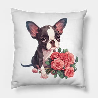 Valentine Boston Terrier Dog Giving Flowers Pillow