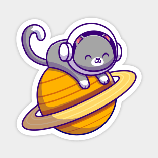 Cute Astronaut Cat Lying On Planet Magnet