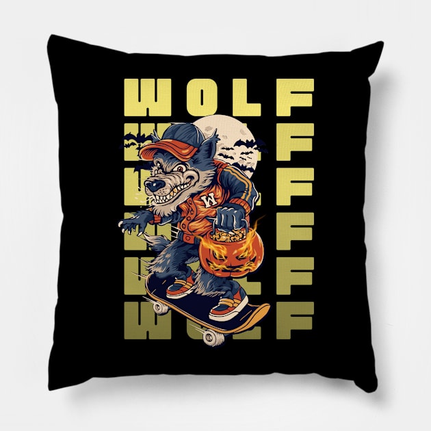 wolf with pumpkin Pillow by tee-sailor