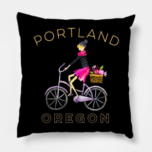 Portland Oregon Watercolor With Cute Girl Bicycling Pillow