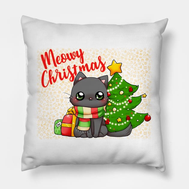 Meowy Christmas - Merry Christmas cat card Pillow by linkitty