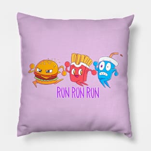 Fast food, hamburger, french fries and soda running funny design Pillow