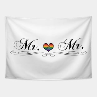 Mr. and Mr. Gay Pride Typography with Rainbow Heart Tapestry