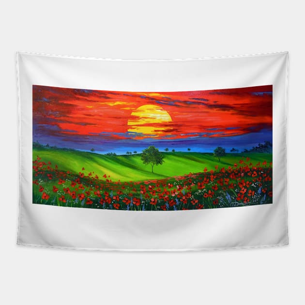 Sunset over poppy field Tapestry by OLHADARCHUKART