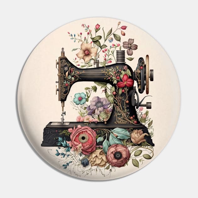 Vintage Sewing Machine with Flowers - No.2 Pin by theprintculturecollective