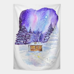 Snowy Night: Watercolor Winter Landscape with Cozy Cottage Tapestry