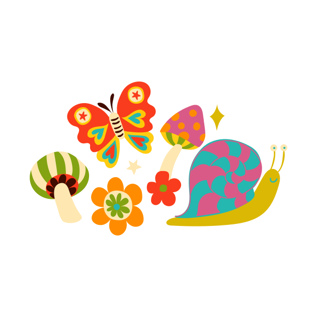 Happy snail and butterfly by Cecca Designs - 70s retro brights by Cecca