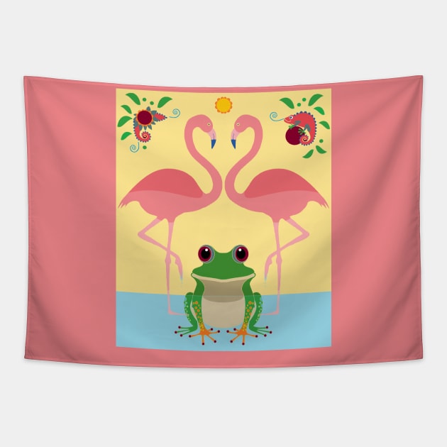 Two Flamingos, One Frog, Foliage and a Chameleon  Tapestry by JeanGregoryEvans1