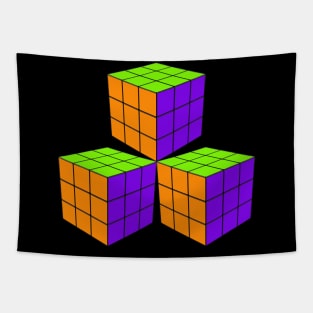 Three Rubik Cubes in a Triangle - Orange, Green and Purple Tapestry