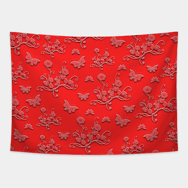 Flowers & butterflies in red Tapestry by Sinmara