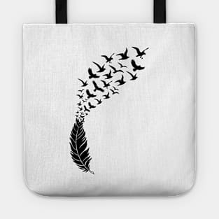 Black feather with flying birds Tote