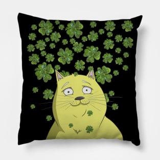 Yellow Cat & Green Clovers Funny Shamrock St Patricks Day Pillow