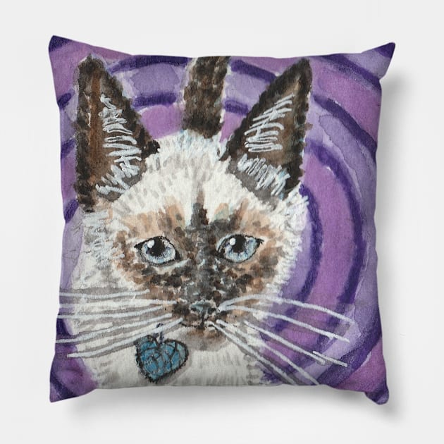 Baby Siamese kitten cat purple watercolor painting Pillow by SamsArtworks