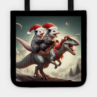 Two Santa opossums on an adventurous dinosaur trex ride Tote