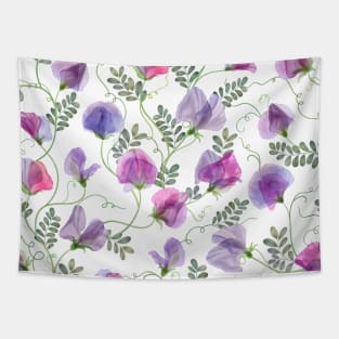 Sweet pea watercolor flowers and leaves seamless translucent composition. Transparent floral spring romantic bouquets Tapestry