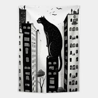 Big City Cat Looking into Peoples Windows Black and White Illustration Tapestry