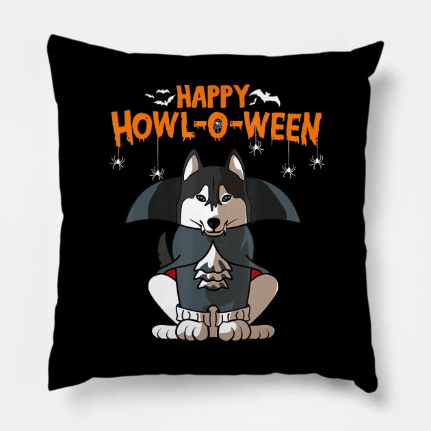 Happy Howl-o-ween Siberian Husky Vampire Dog Halloween Pillow by JaydeMargulies