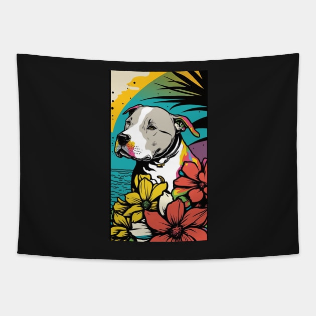 American Staffordshire Terrier PitBull Dog Vibrant Tropical Flower Tall Retro Vintage Digital Pop Art Portrait 6 Tapestry by ArtHouseFlunky