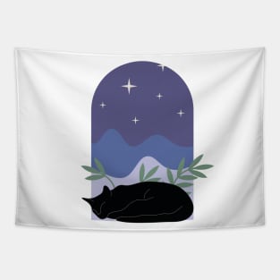 Sleepy cozy black cat with plants and night sky in boho minimalist style Tapestry