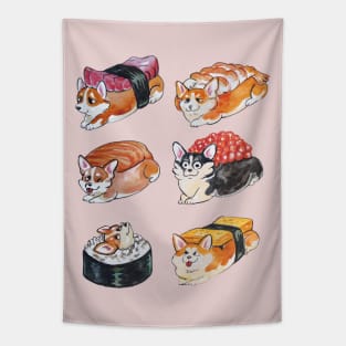 Sushi Corgi Watercolor Tapestry