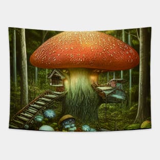 Magical Mushroom Cottagecore in Forest with High Trees, Mushroom Aesthetic Tapestry