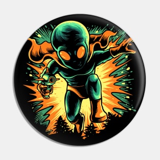 Retro Martian Alien on the Attack with his Ray Gun Pin